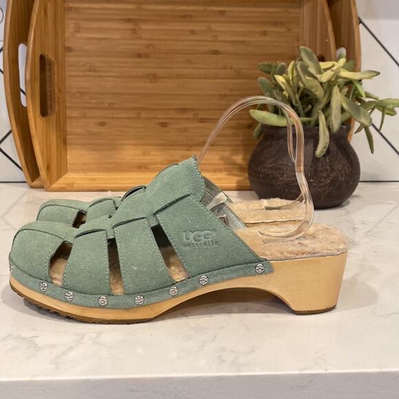 UGG Australia ORE Clog Sage green suede shearling cozy mule sz 10 - Picture 1 of 10